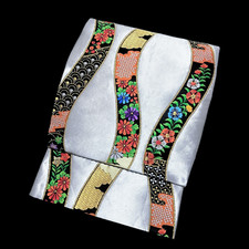 Vintage Japanese Fukuro Obi Silk Tatewaku Flowers Silver Brocade Kimono Belt