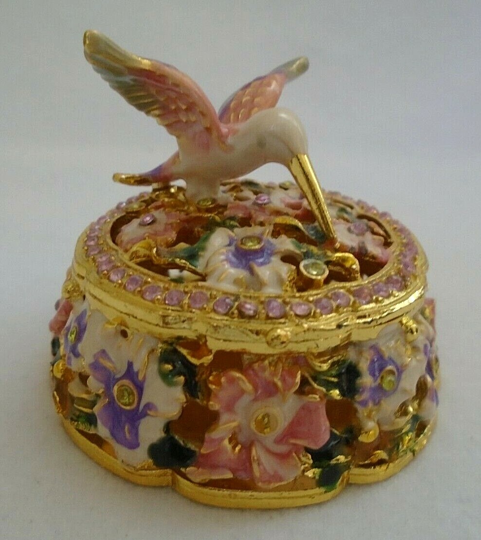 Hummingbird & Flowers Enamel Painted Metal Trinket Box with Hinged