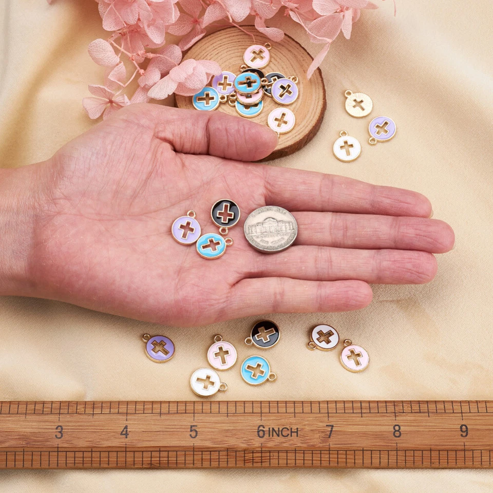 100 peças pingentes redondos planos com liga cruzada de esmalte berloques de metal artesanato 15x12mm - Imagem 4 de 4