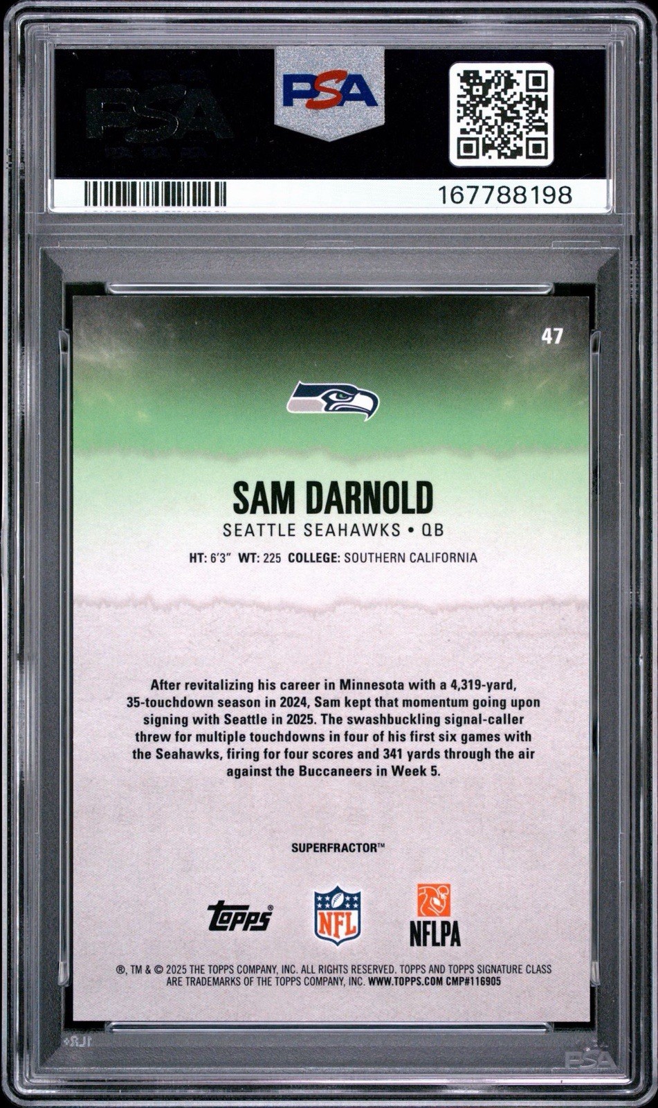 Sam Darnold 2025 Topps Signature Class Chrome SUPERFRACTOR 1/1 PSA 7 Seahawks  view 2