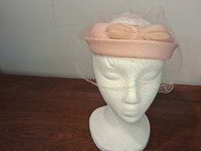 Original VINTAGE Pink Open Crown Pillbox Hat, pink Net Veil, Union Made EXC