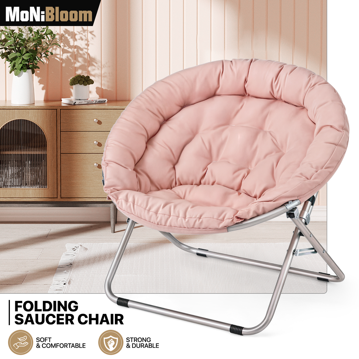 Pink Foldable Saucer Chair Comfy Accent Lounge Chair Soft Round