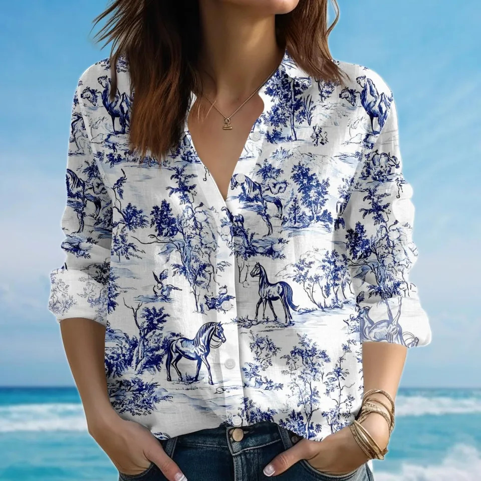 Women's Blue Toile Horse Print Button Down Shirt Casual Equestrian Top