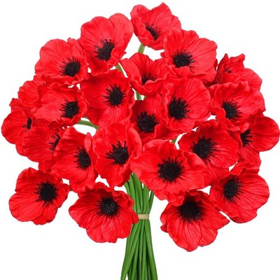 24 Pcs Artificial Red Flower Stems Pu Real Touch Flower Fake Flowers In Red With