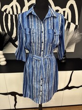 Millenium Blue Stripe Shirt Dress Belted Women’s Small Roll Tab Sleeve
