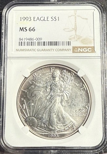 1993 American Silver $1 Eagle NGC MS 66 light edge toning