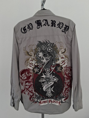 Ed Hardy Shirt Men's Size L Gray Y2K Skull Cross Graphic Logo Embroidered