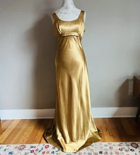 Vintage Zum Zum Formal Gold Satin Gown 6 Empire Waist Deep V Bow Retro Holiday