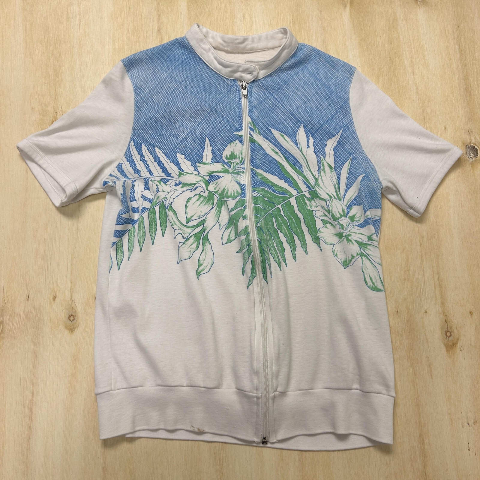 Vintage Tropical Floral Polo Shirt Womens Small Short Sleeve White Zip Mock Neck