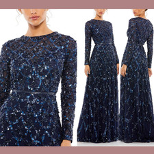 NWT Mac Duggal 18 5496 Beaded Sequin Long Sleeve A-Line Gown Midnight S744