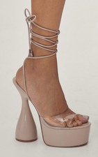 Nasty Gal, TRENDY Nude faux patent clear strap 6.5" spool heel platforms, SZ 10
