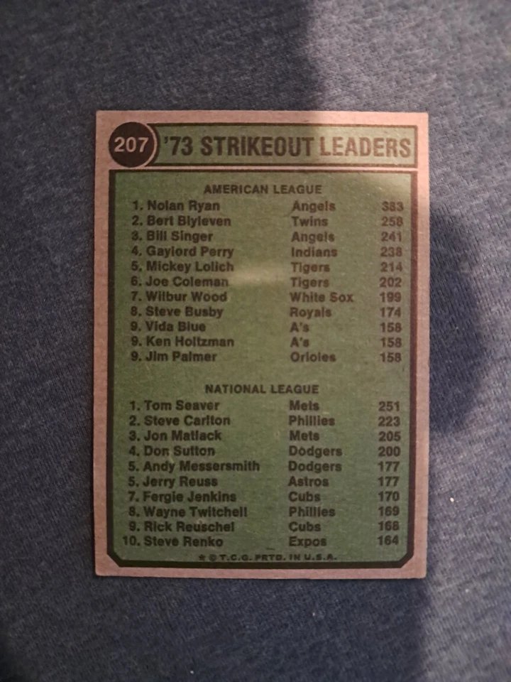 1974 Topps #207 1973 Strikeout Leaders Nolan Ryan Angels/Tom Seaver Mets Foto 2 de 2
