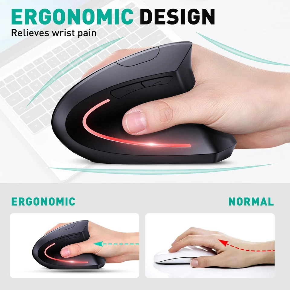 Bluetooth 2.4G Wireless Vertical Mouse Rechargeable Ergonomic 6 Button Black - Image 3 of 4