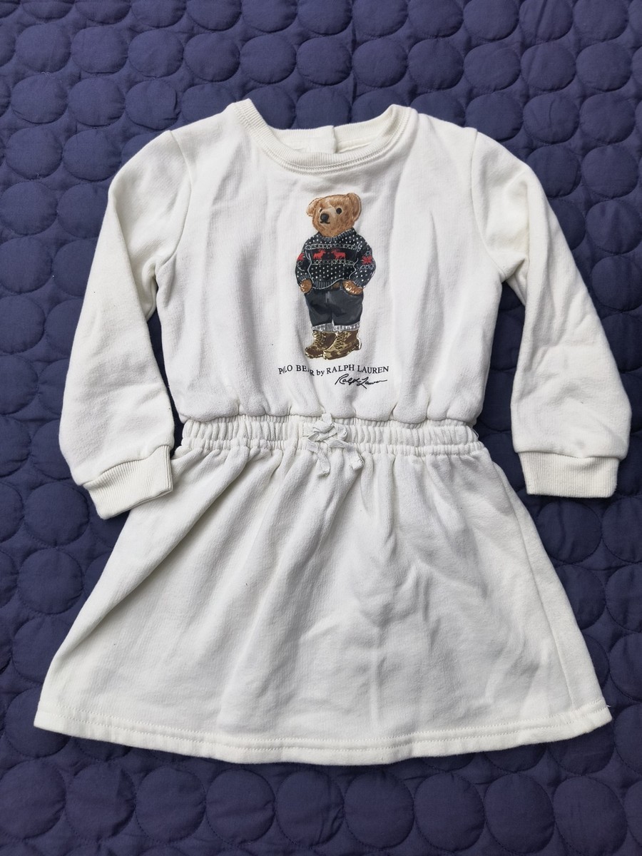 Ralph Lauren Girl 18M White Fleece Polo Bear Dress Long Sleeve 1 