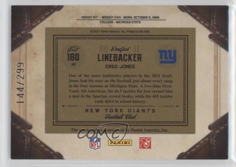 2011 Panini Timeless Treasures Rookie Signatures /299 Greg Jones #160 Auto - Image 2 of 2