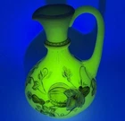Fenton Uranium Glass Pitcher UV Reactive Hand Painted D Robinson Custard Satin
