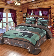 Rustic Bear RV Park Queen Quilt Set with 2 Pillow Shams for Nature Lovers