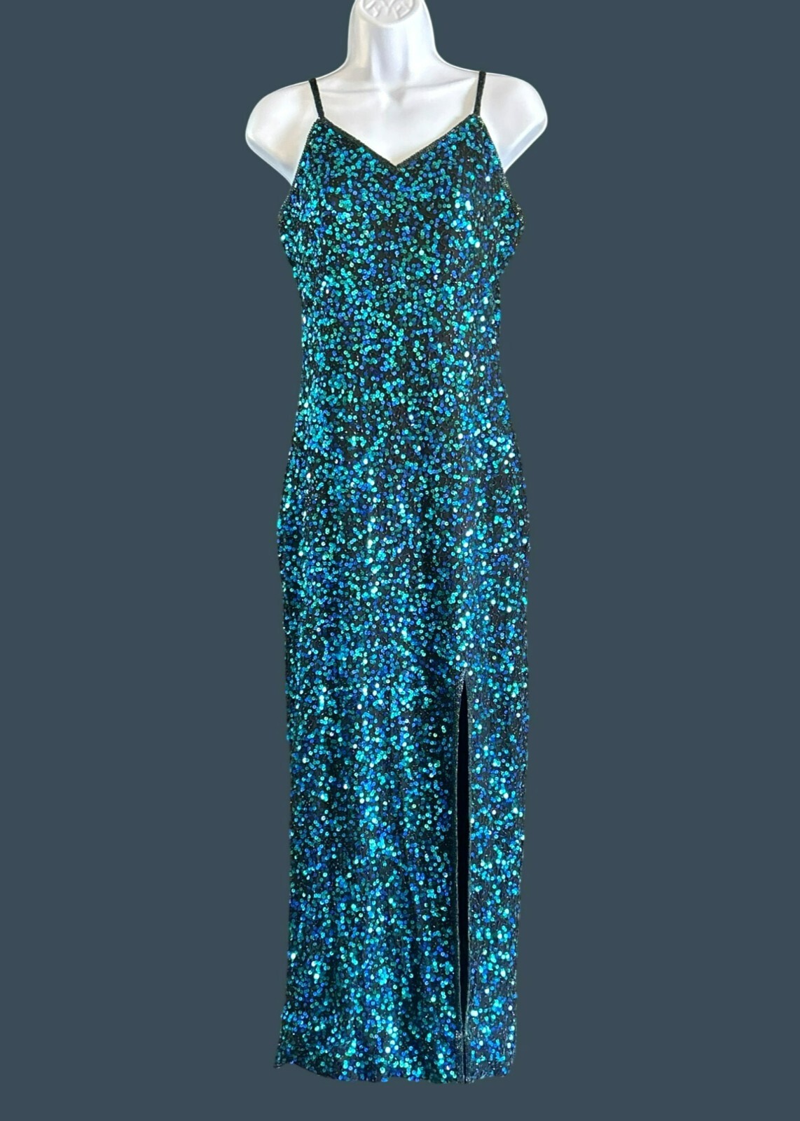 Vintage Scala Blue Green Fully Beaded Silk Evening Gown Medium Prom Y2K Rare