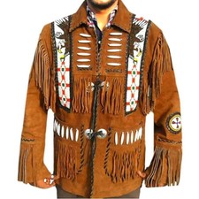 Mens Western Wear Suede Leather Cowboy Fringe Shirt Style  American Brown Jacket