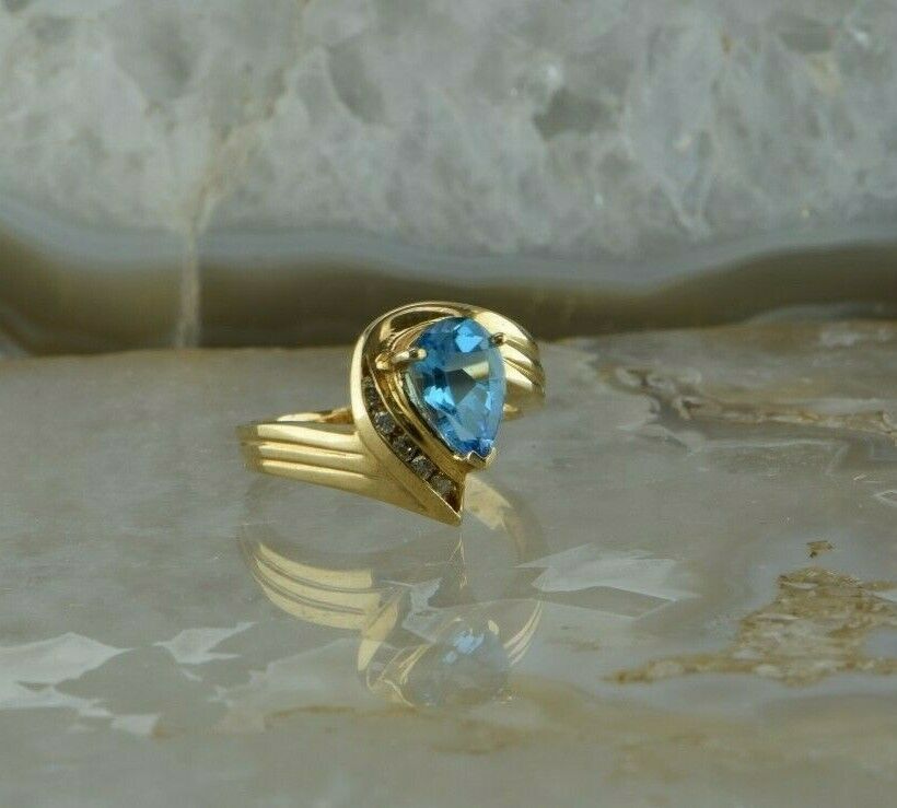 10K Yellow Gold London Blue Topaz Ring Faceted Pear Shape Size