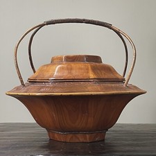 Antique Chinese Hand Carved Wood Rice Basket  with Carved Lid, Signed