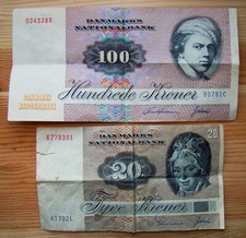 2x Geldschein DENMARK 100 und 20 KRONER SERIE 1972