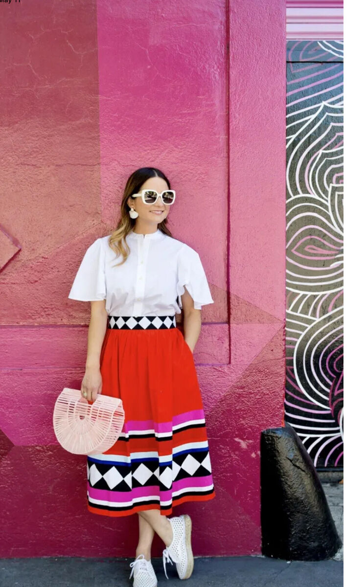 NWOT Kate Spade Red Multi Haute Stuff Geo Border Poplin A-line Midi Skirt Size 4