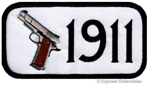 GUN PATCH 1911 PISTOL EMBLEM 2nd AMENDMENT EMBROIDERED IRON-ON SEMI-AUTO - WHITE