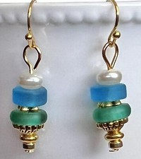 Gold with Pearl, Blue and Green Sea Glass Earrings. Beach.