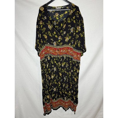 Just Class Vintage Floral Rayon Midi Dress Black Red Plus Size 32W Boho 90s