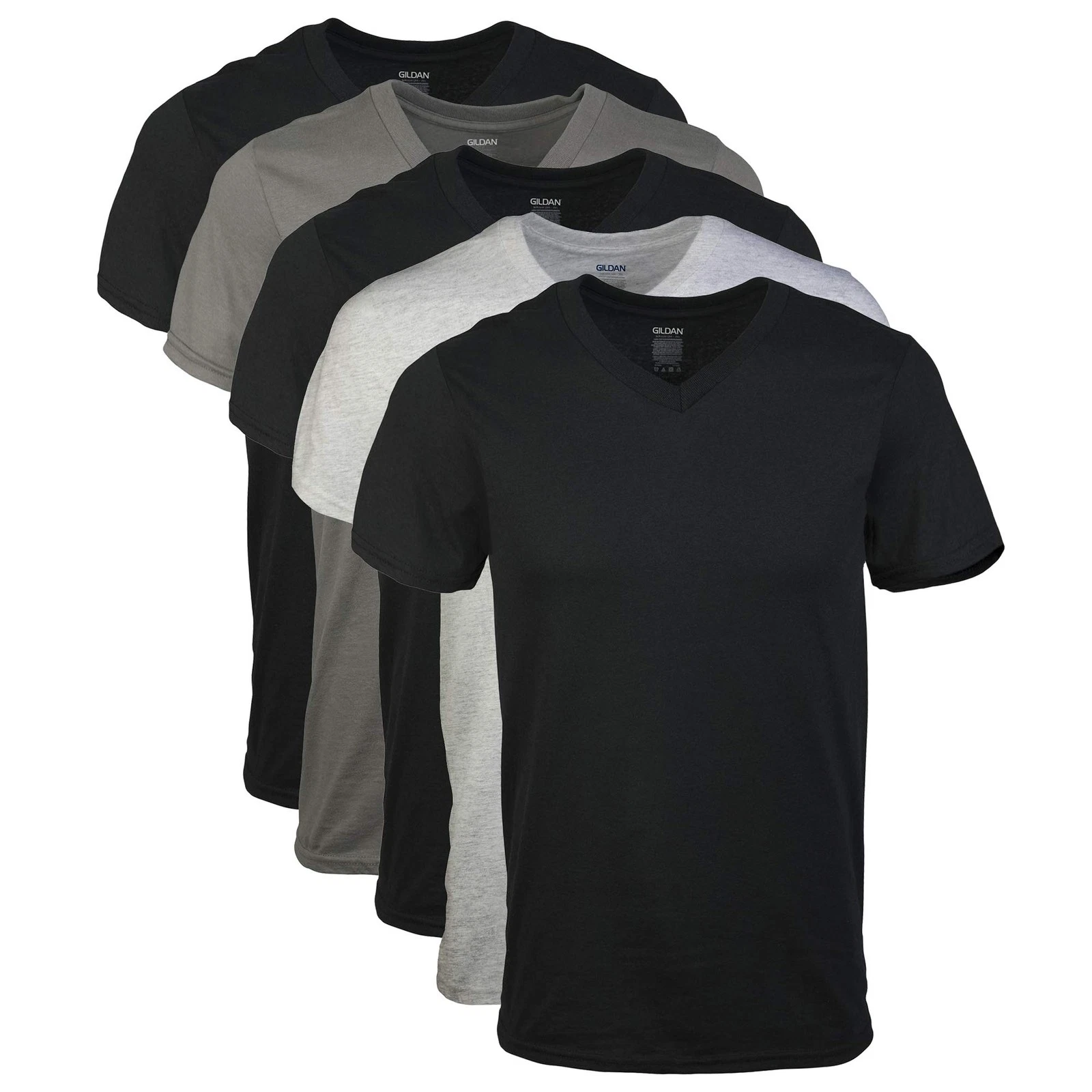 Gildan Men's V-Neck T-Shirts, X-Large, Black/Sport Grey/Charcoal (5-pack)