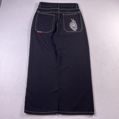 JNCO Jeans Mens 29x25 Black Wide Leg Baggy Denim Flame Skull