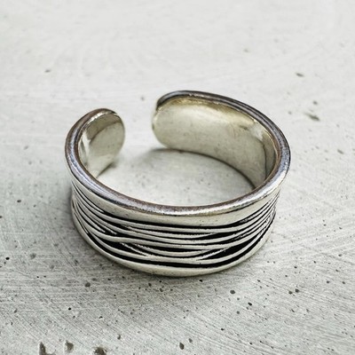 925 Sterling Silber Ring Offen Breit | Gr. 57 | Layered Wellen Textur