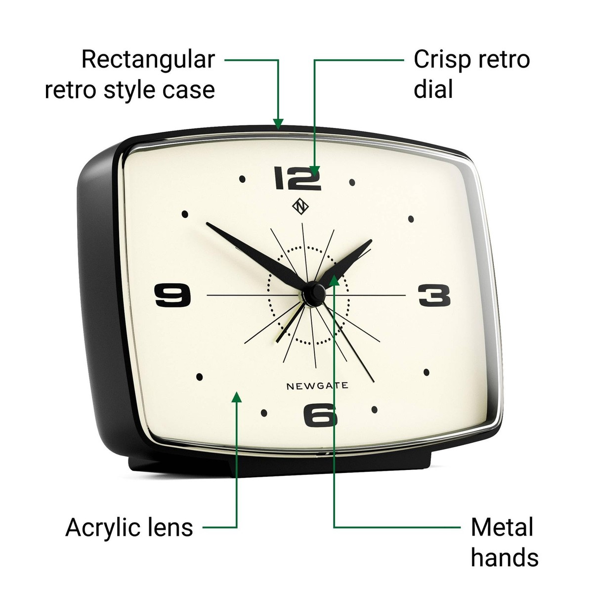 Brooklyn Retro Alarm Clock Rectangular Matt Black Silent Sweep