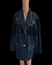 Next move Embellished Denim Jacket Studded Fringe Distressed Jean Jacket L