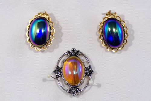 Vintage Iridescent EARRINGS and BROOCH PIN  Oil Slick Glass Cabochon  1950-60s