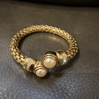 Vintage John Rivers Gold Tone Flexible Panther Style Pearl Link Cuff Bracelet  