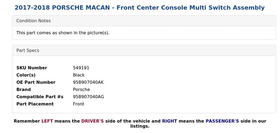 Porsche Macan 2017-2018 - Conjunto de conmutador múltiple de consola central delantera Foto 4 de 4