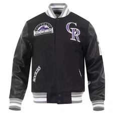 MLB Colorado Rockies Varsity Jacket Black Wool & Leather Bomber Style Coat