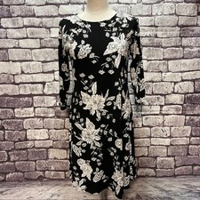 MSK Black White Floral A-Line Dress Size M