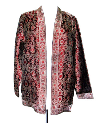 Soft Surroundings Brocade Jacket Size 8 Women Burgundy Metallic Gold Open