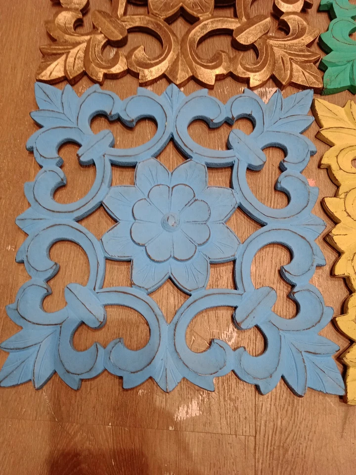 Wooden Square Mandala Wall Art Set of 4 pcs Handmade Distressed Carved Teak - Image 4 of 4