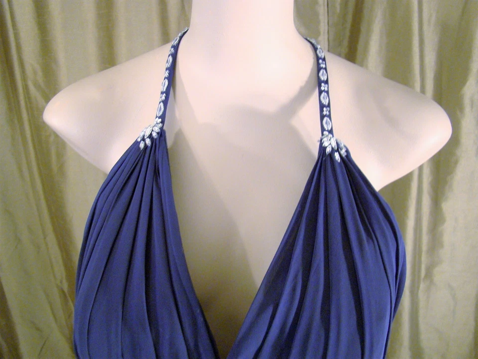 Vestido de graduación formal drapeado de gasa adornado con escote de cristal azul marino talla 10 Foto 4 de 4