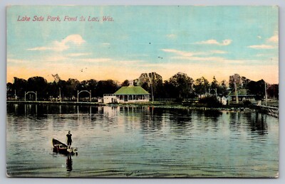 Fond du Lac WI~Lakeside Park~Men Boating Fishing~Gazebos~c1911 Antique Postcard