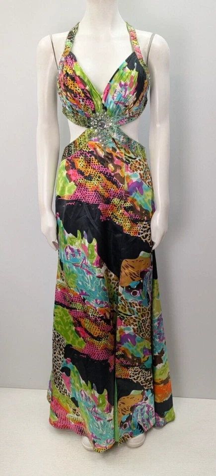 Vestido de graduación Y2K talla 4 multicolor satinado recortado sexy pedrería nupcial de David Foto 2 de 4