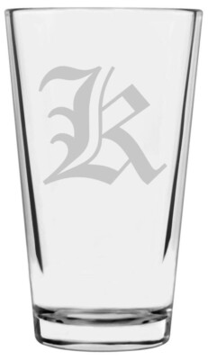 16oz Old English Gothic Font K Monogram Pint Drinking Glass