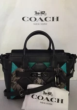 COACH 38365 Canyon Quilt Swagger 27 Carryall Exotic Leather Black Turquoise NWT