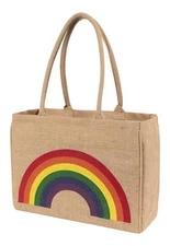 Jute Market Tote Bag Rainbow Print Durable Handle Reinforced Bottom and Inter...