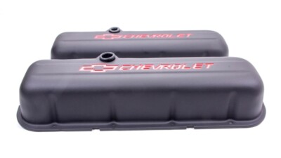 GM Performance 141-811 BBC Steel Black Valve Covers, Tall Red Bowtie / Chevrolet