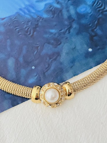 Christian Dior Vintage 1980s Pearl Square Crystals Button Omega Mesh Necklace - Picture 3 of 11